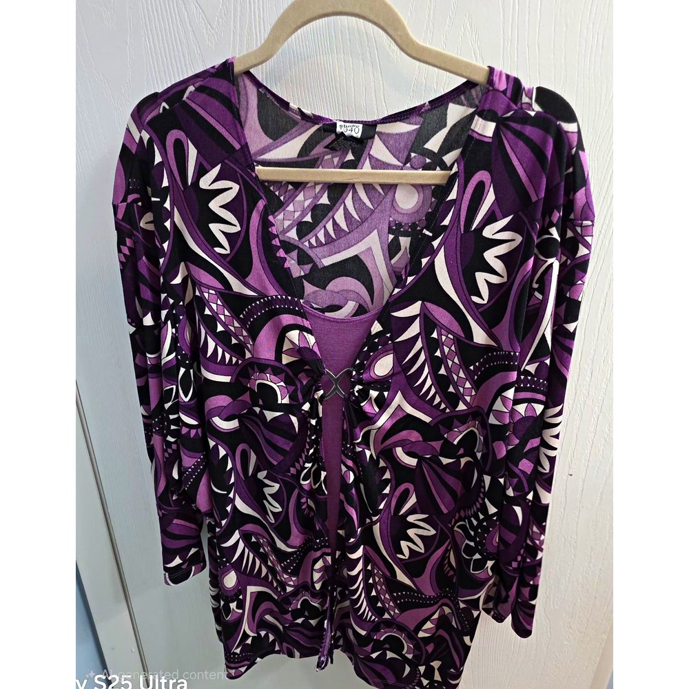 Studio 1940 Womens Plus 3X Abstract V-Neck Tie 3/4 Sleeve Knit Blouse